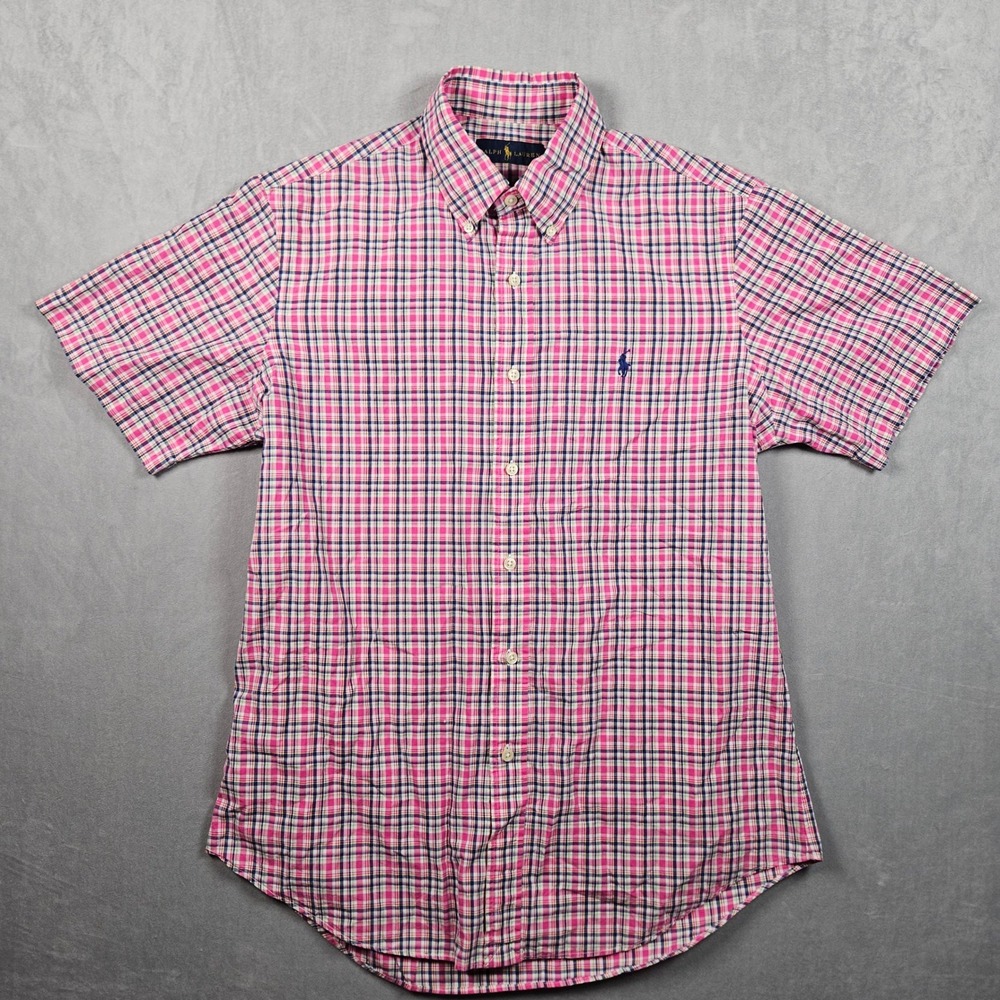 Ralph Lauren Button Down Shirt Mens Medium Pink Plaid Short Sleeve Pony Logo